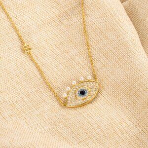 Alicia Bonnie Crystal Pearl Evil Eye Gold Necklace Protective Jewelry Gift